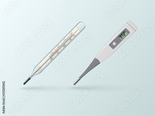 Medical thermometers for determining human body temperature. Mercury and electronic thermometers. Vector illustration.