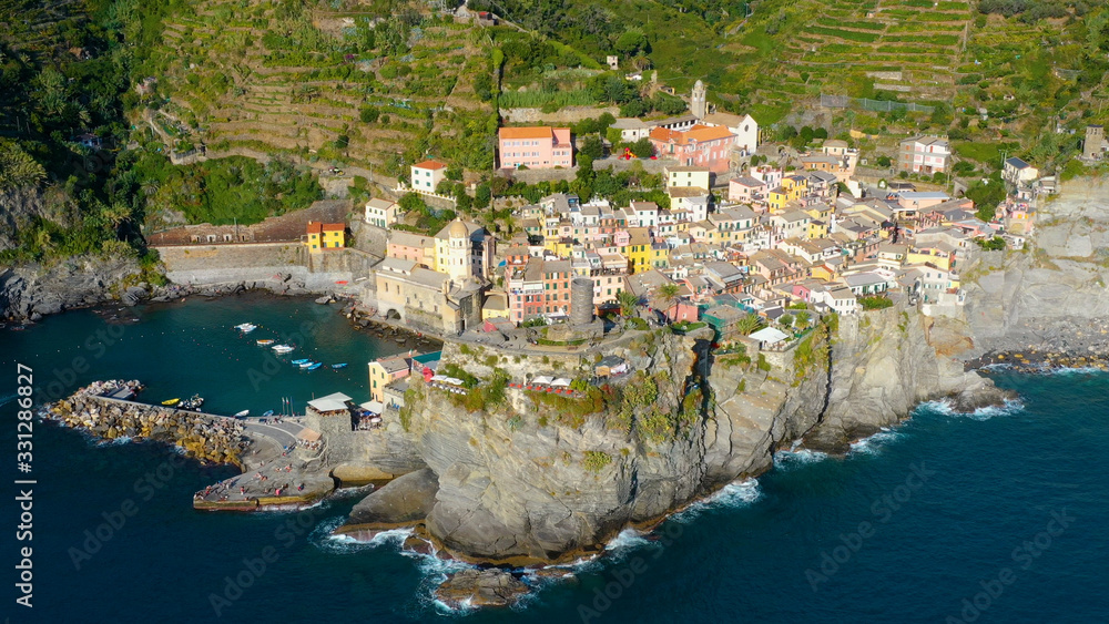 Aerial view of the village of Vernazza, the famous town of Cinque Terre, Liguria, Northern Italy. Perfect for travelling and vacations