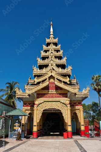 Ornate wooden pavilions in Shwemawdaw Pagoda, Bago, Myanmar