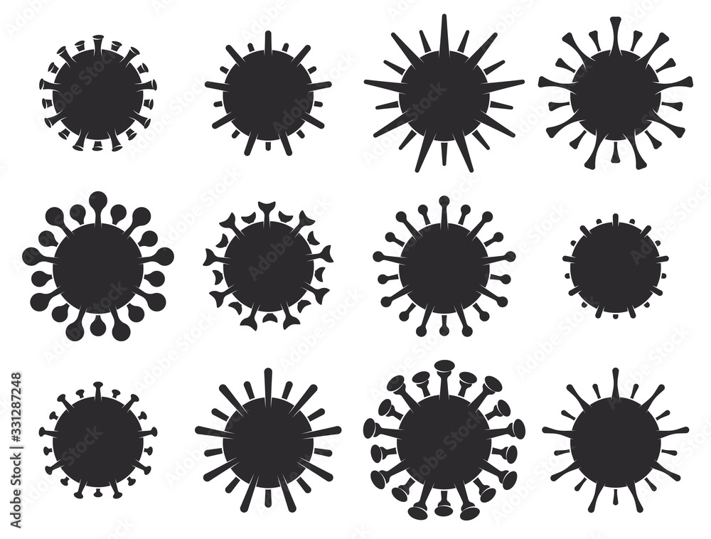 Set of Biological Virus Icons. Coronavirus COVID-19 Silhouette Symbol Isolated on White Background. Vector Illustration