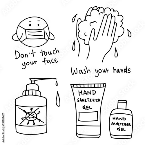 Don't touch your face. Washing your hands. Hand sanitizer gel or alcohol gel bottle doodle art.