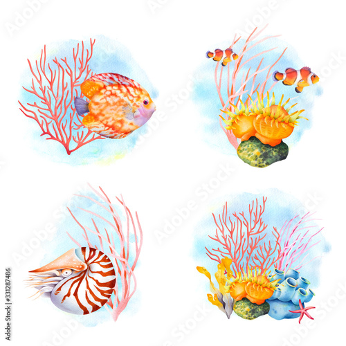 Fish and coral compositions set. Tropical ocean reef wildlife. Watercolor illustration.