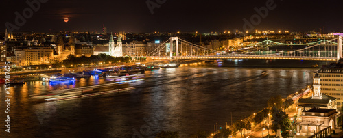 Budapest, panoramic view of the city and the Elisabeth Bridge at night, Hungary