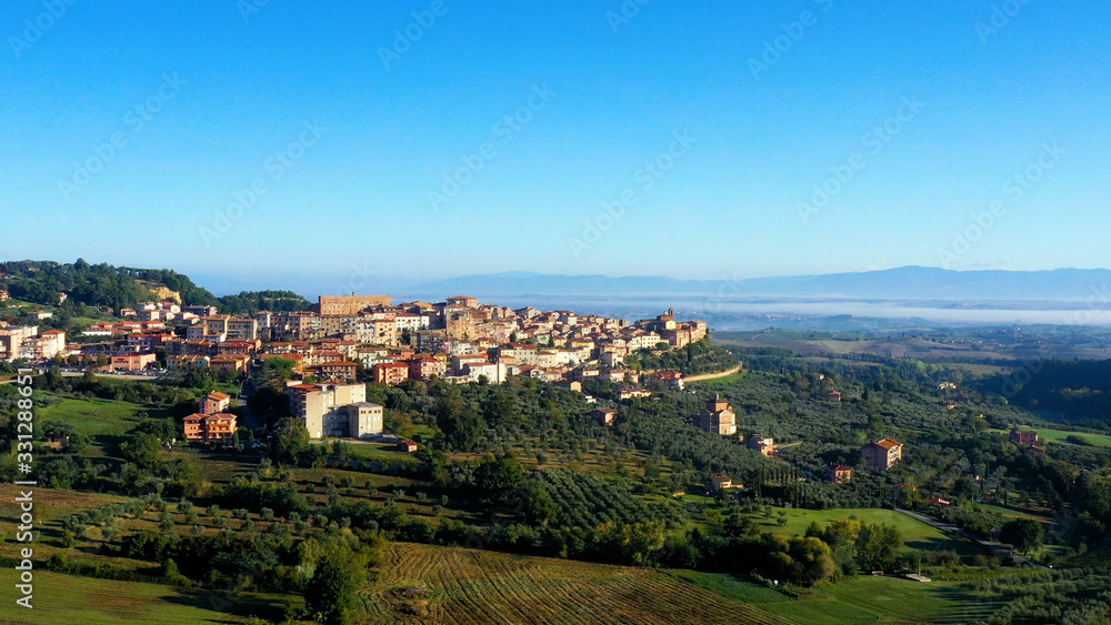 Aerial view of a magnificent landscape of the Italian village Chianciano, authentic village of Terme, Tuscany Italy	