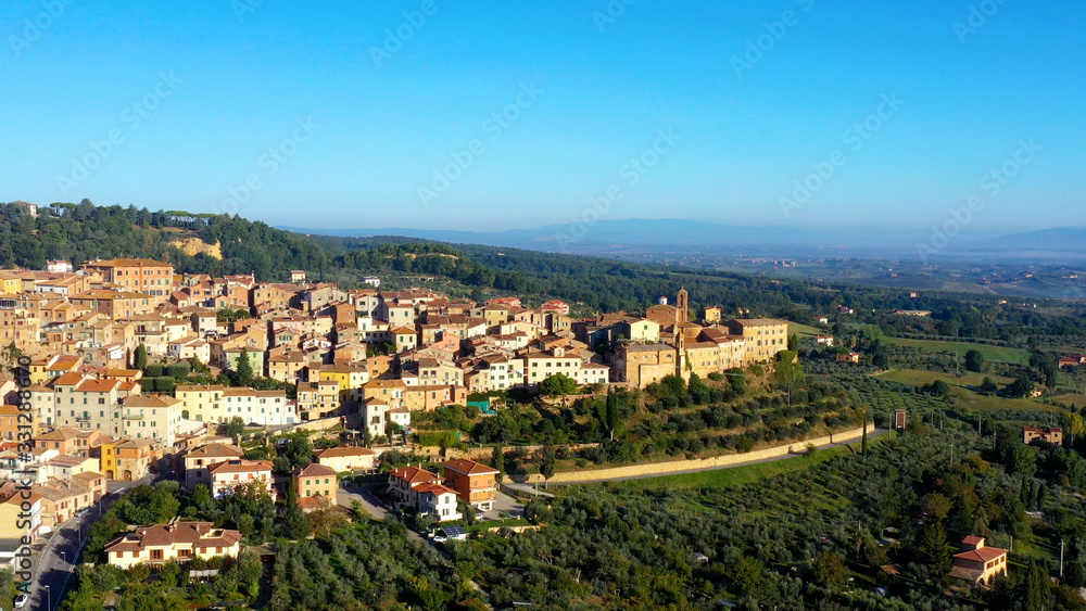 Aerial view of a magnificent landscape of the Italian village Chianciano, authentic village of Terme, Tuscany Italy	