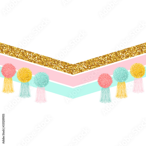 Trendy kids print with tassels and pompons. Vector hand drawn illustration.