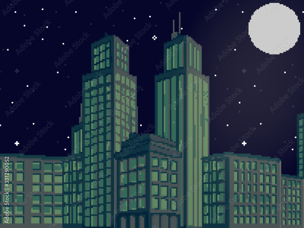 Vector illustration of pixel art city. Pixel art retro futuristic background for game. 8 bit. Pixel sunset city. Vector illustration of pixel art city. Pixel art retro futuristic background for game. 8 bit. Pixel sunset city.