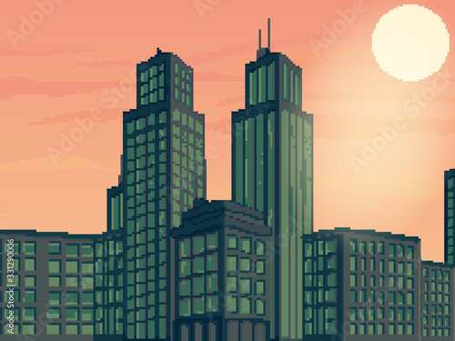 Vector illustration of pixel art city. Pixel art retro futuristic background for game. 8 bit. Pixel sunset city.