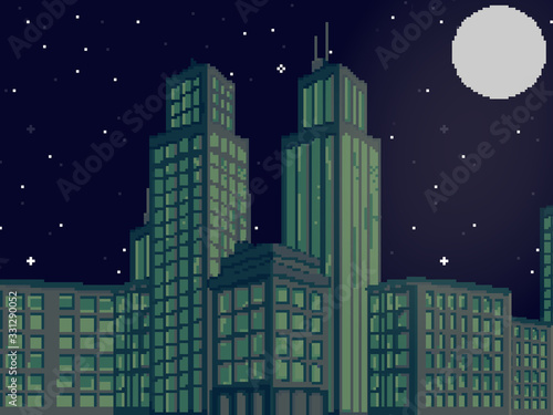 Vector illustration of pixel art city. Pixel art  retro futuristic background for game. 8 bit. Pixel sunset city.