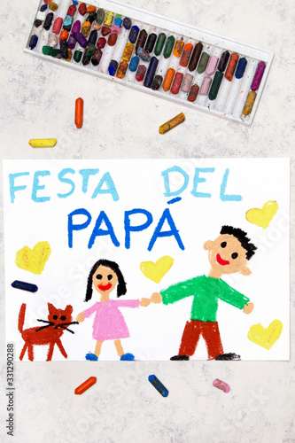 Photo of colorful drawing: Italian lanquage, Father's day card. Happy father and his daughter.