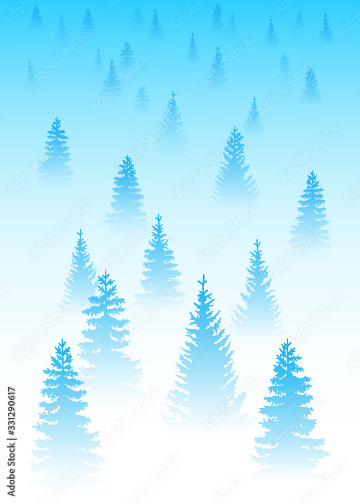 Obraz premium Vector illustration. Flat winter landscape. Simple snowy background. Snowdrifts. Snowfall. Clear blue sky. Blizzard. Snowy weather. Winter season. Smoky wood. Forest Glade. Dense forest of fir trees