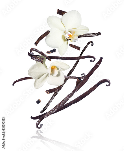 Dried vanilla sticks with flowers in the air on a white background photo
