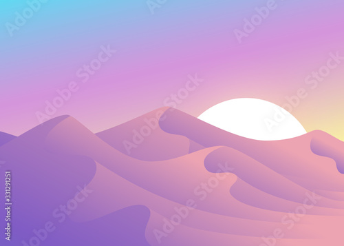 Cartoon desert landscape with hills and mountains silhouettes, vector nature horizontal background