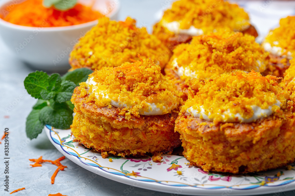 Traditional carrot cakes close-up. Traditional carrot cakes close-up.