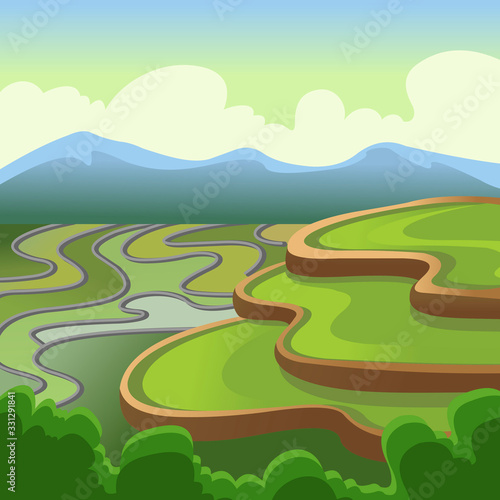 Cartoon Color Landscape Scene Chinese Rice Fields Concept. Vector