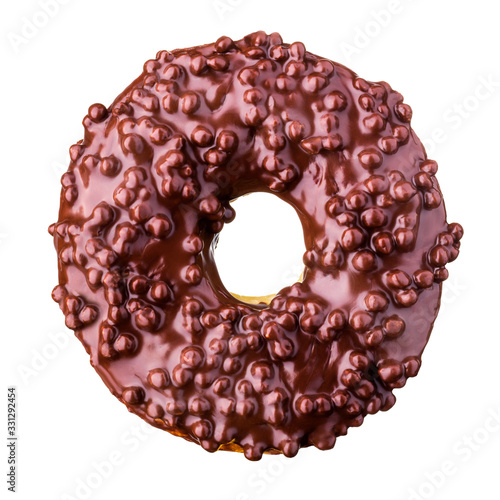 Chocolate glazed donut with sprinkles on a white background rotated