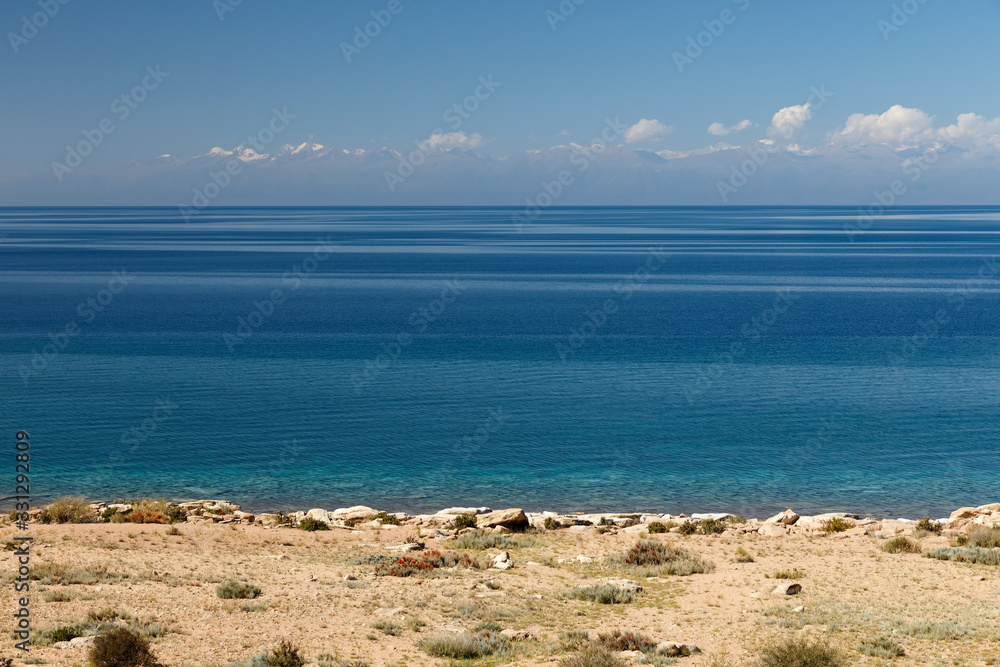 Lake Issyk-kul, the largest lake in Kyrgyzstan, mountain view on the north shore of the lake.