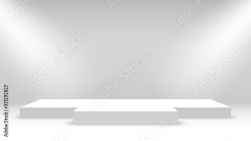 White podium with spotlights. Stage for awards ceremony. Pedestal. Vector illustration.