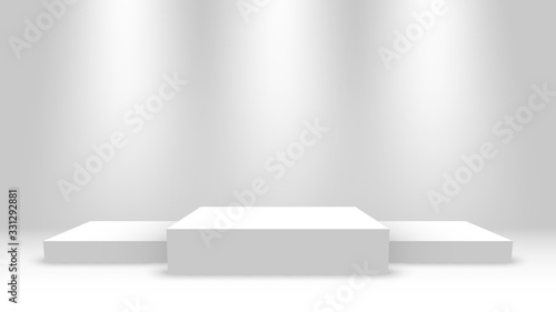 White winners podium with spotlights. Stage for awards ceremony. Pedestal. Vector illustration.