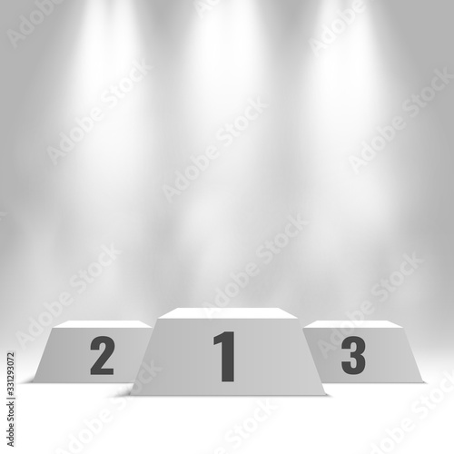 White winners podium with spotlights and steam. Pedestal. Vector illustration.