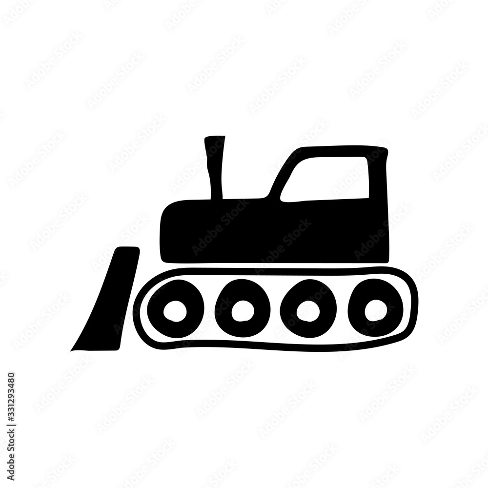 Bulldozer icon. Black silhouette. Side view. Vector graphic hand illustration. Cartoon drawing. Isolated object on a white background. Isolate.