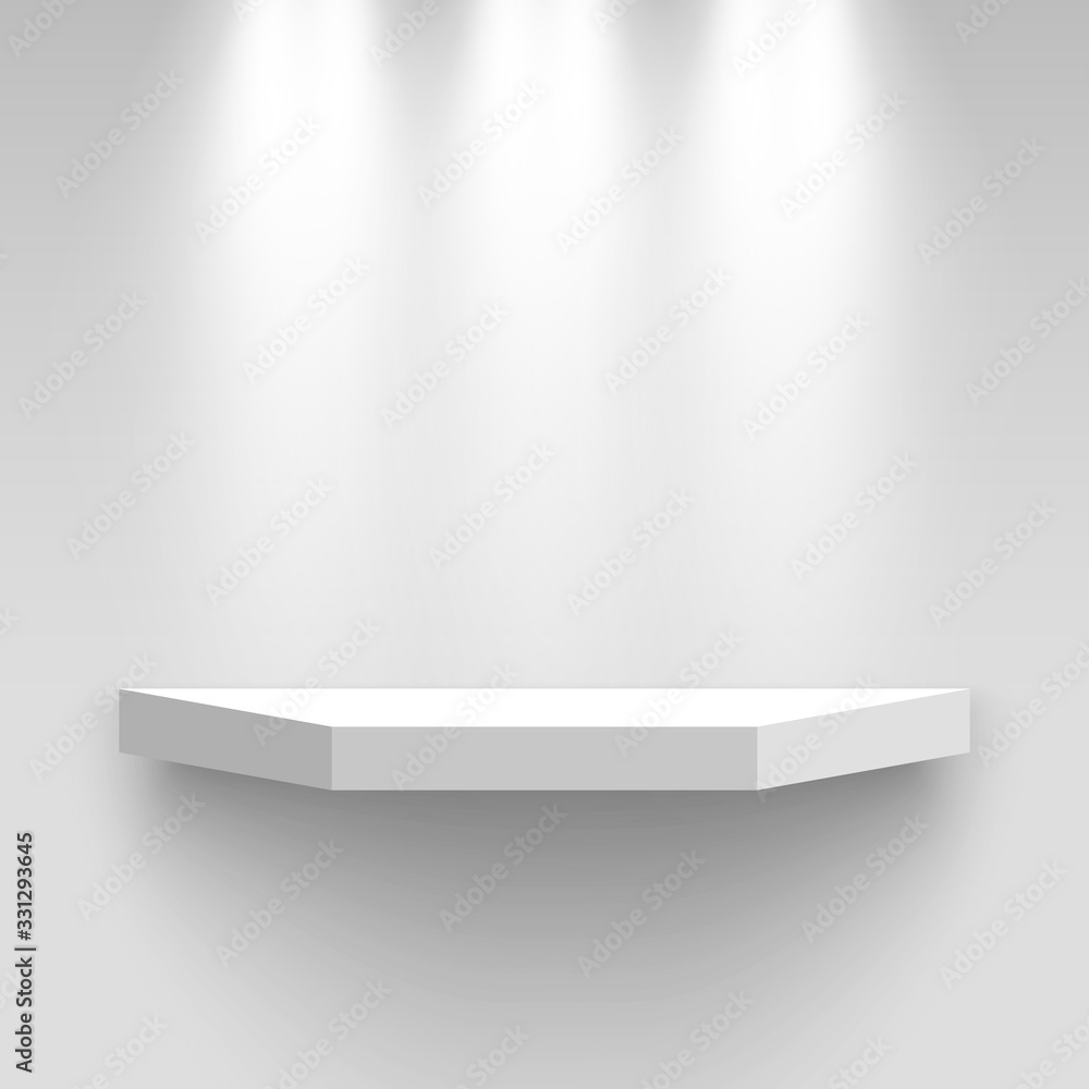 White exhibition stand on wall, illuminated by spotlights. Pedestal. Shelf. Vector illustration. White exhibition stand on wall, illuminated by spotlights. Pedestal. Shelf. Vector illustration.