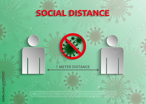 Social Distance 1 meter for prevention of spreading the infection in Covid-19 Outbreak. Vector illustration of 2 people icon with 1 meter distance concept and stop spreading bacteria icon.