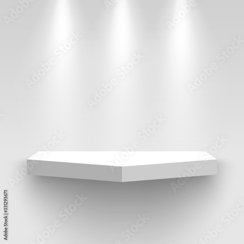 White exhibition stand on wall, illuminated by spotlights. Pedestal with shadow. Shelf. Vector illustration.