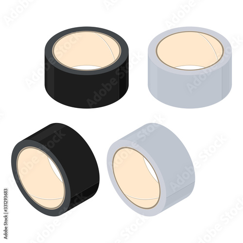 Rolls of adhesive tape, isometric design. Black and gray color. 3D Render. Vector illustration.