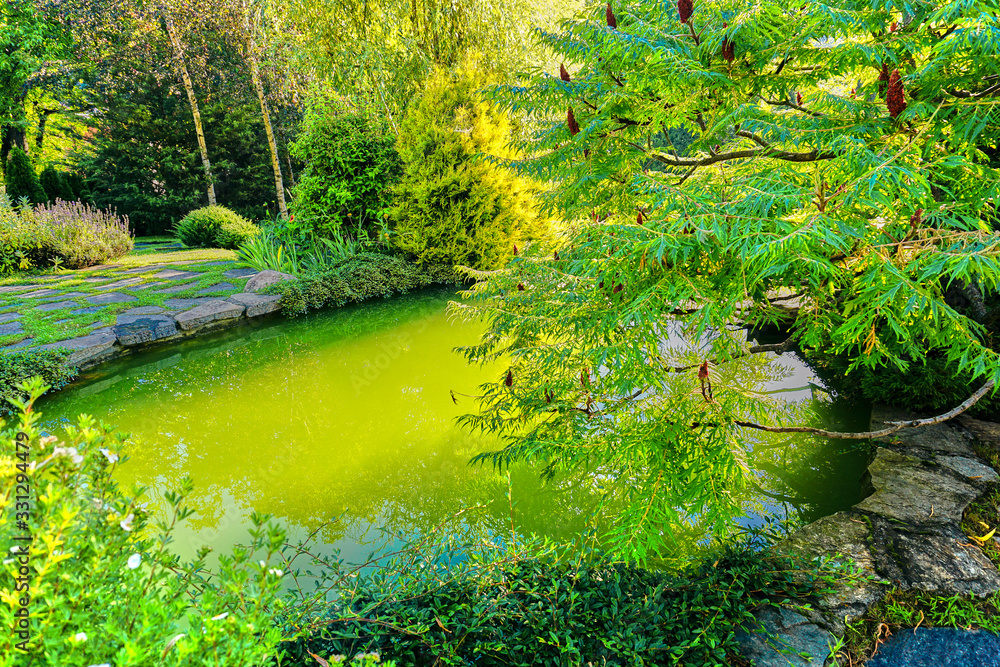 Flowing water in the backyard garden