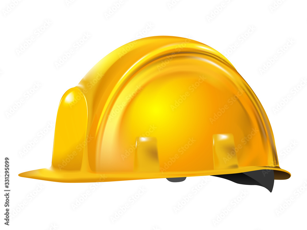 Fototapeta premium Yellow or gold Realistic working hard hat, construction helmet isolated on white background. Little rotated logo, icon. Vector illustration.