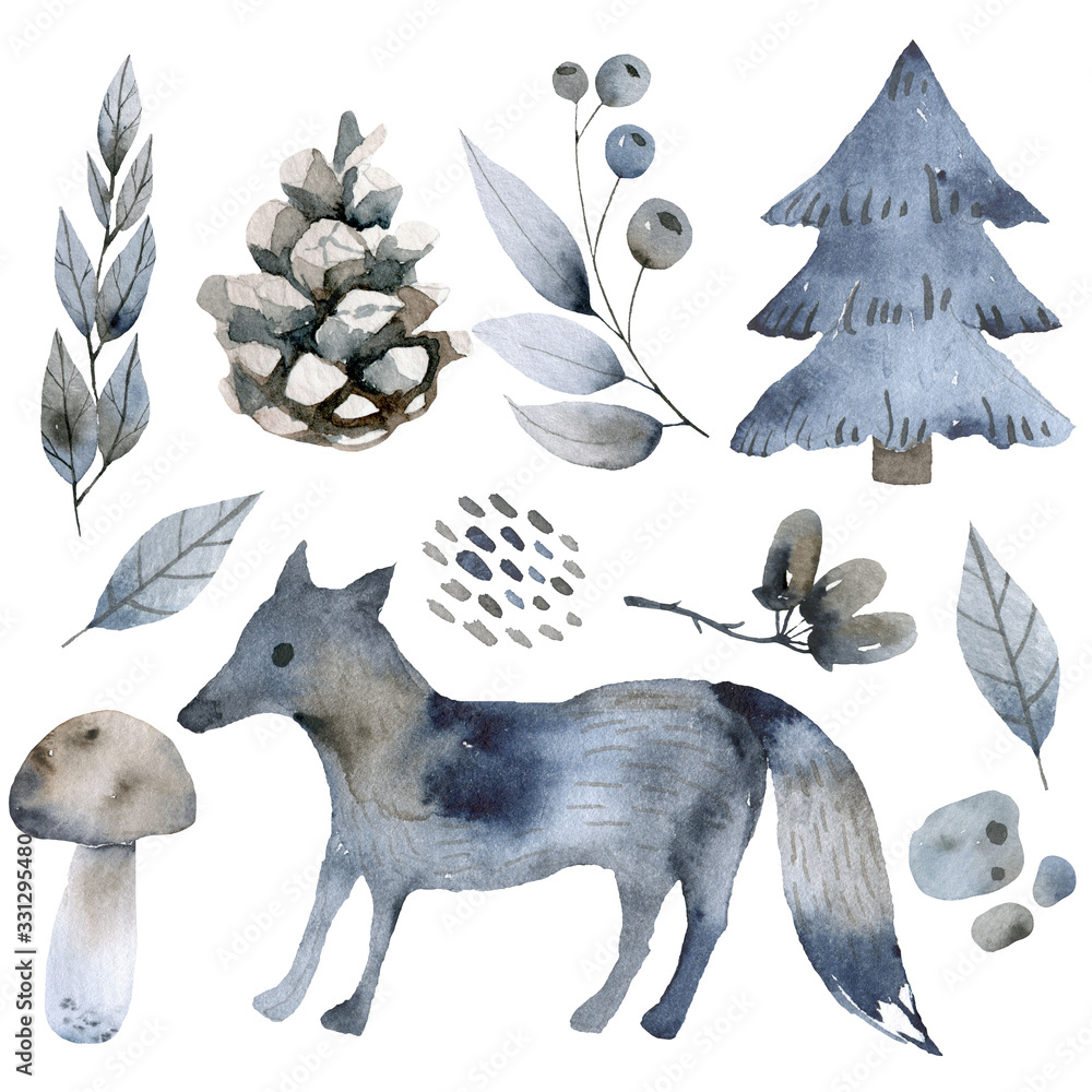 Fototapeta premium Cute forest watercolor symbols with woody landscape. Scandinavian decorative illustration.