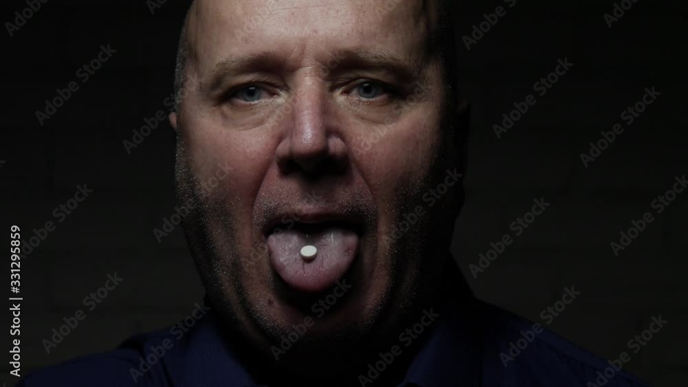 Slow Motion with Elderly Person Face Taking a Medical Pill in Hospital, Patient Taking Medicines Against Virus Epidemic Slow Motion with Elderly Person Face Taking a Medical Pill in Hospital, Patient Taking Medicines Against Virus Epidemic