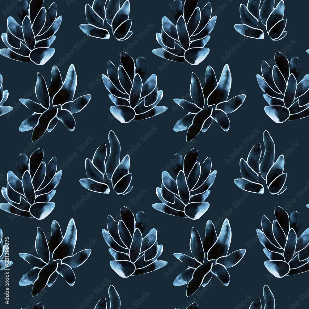 Seamless watercolor pattern with navy succulents on indigo background. Abstract desert plants, cactus. Hand painted, textile surface for fabric print, stationery and gift paper wrap