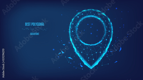 Concept of successful navigate, delivery, transportation, map location, transport logistic. Polygonal map pointer or GPS pinfrom triangles and luminous points. Background of beautiful blue night sky