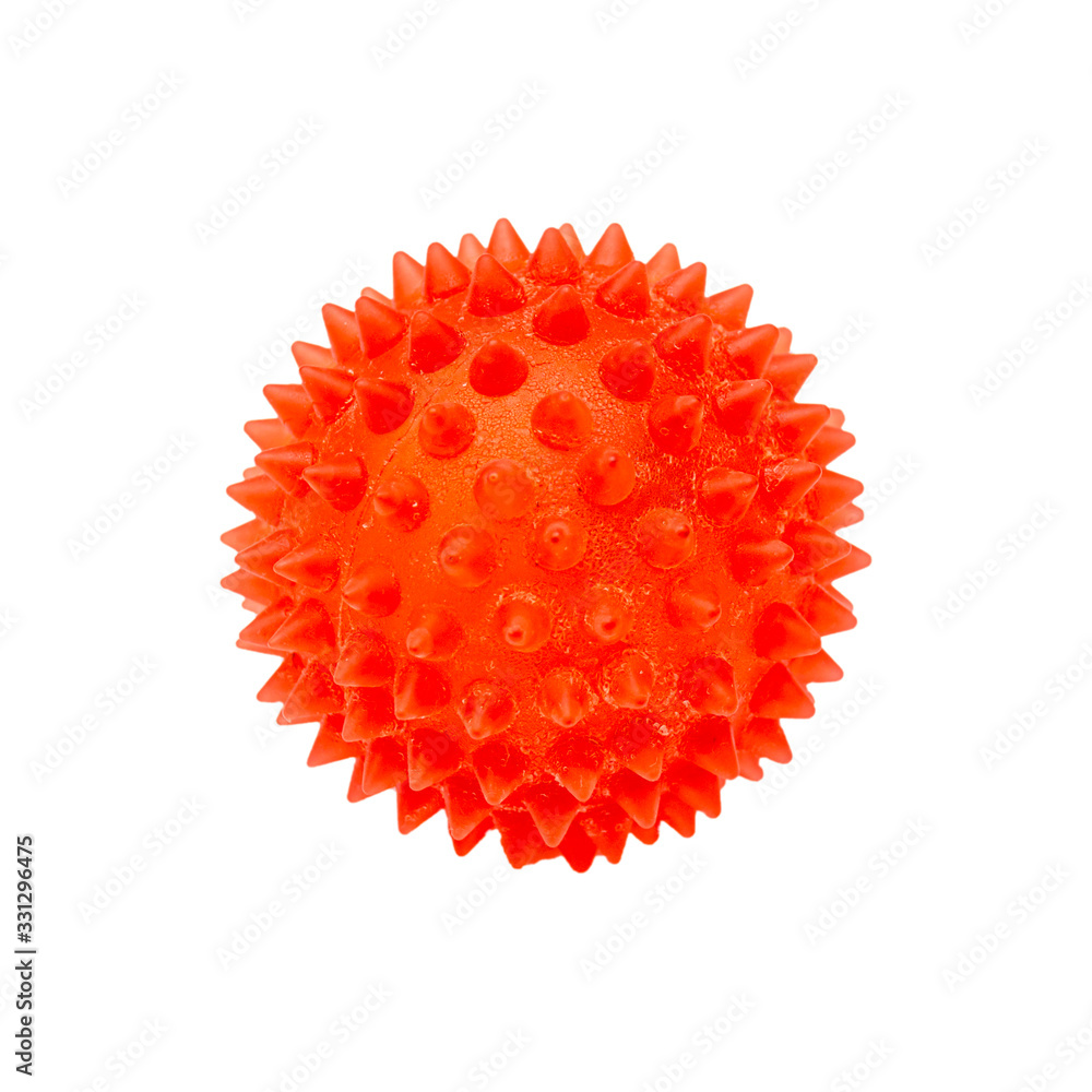 Red bright isolated on white spiny ball. Toy, close-up. Coronavirus model. Red bright isolated on white spiny ball. Toy, close-up. Coronavirus model.