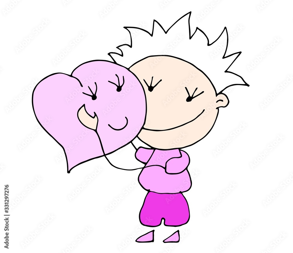 Obraz premium Valentine's Day. Cute hand drawn Boy with big heart isolated on a hearts background. Vector illustration. 