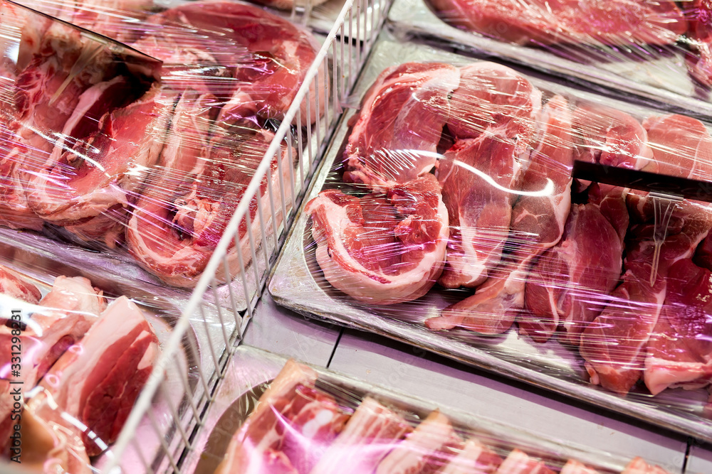 Raw fresh meat, beef or pork in supermarket