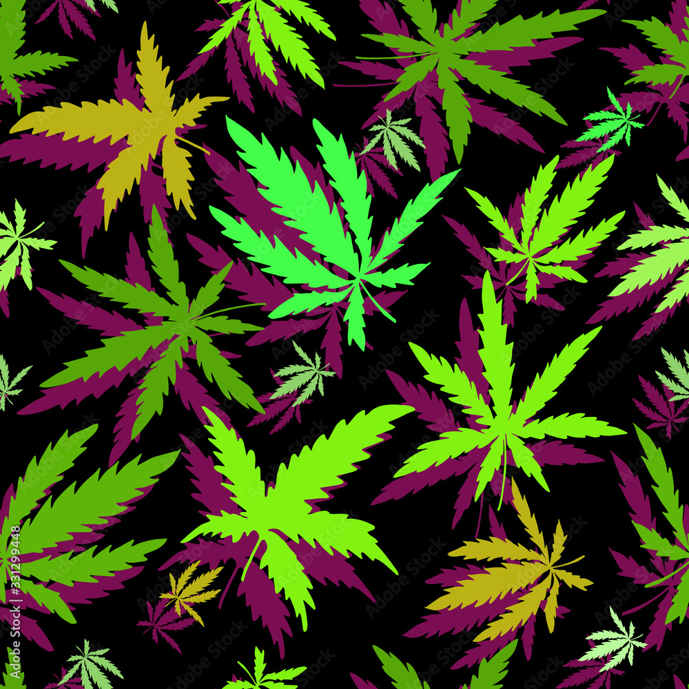 Colorful seamless background with green and purple hemp leaves on a black background. Hemp drawn by hand. Decoration for products using medicinal hemp. Vector eps10 Colorful seamless background with green and purple hemp leaves on a black background. Hemp drawn by hand. Decoration for products using medicinal hemp. Vector eps10