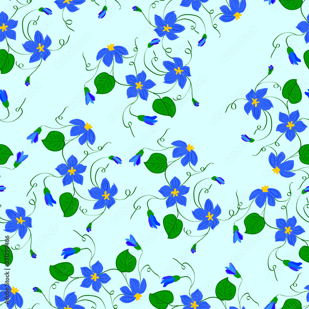 seamless pattern. beautiful blue flowers with curls, buds and green leaves on a cyan background