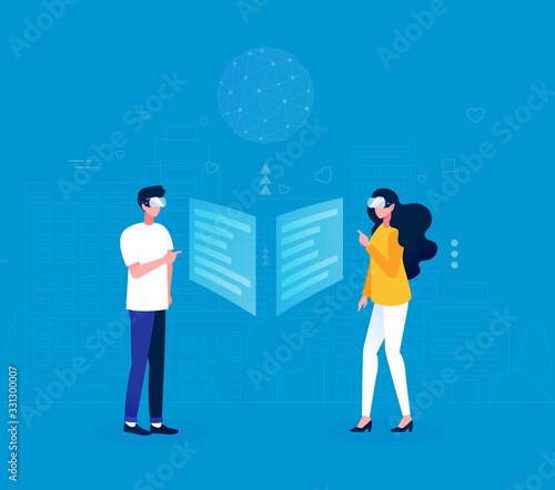 Communication through virtual reality concept with two people in 3D goggles operate with VR user interface, standing over blue background