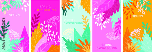Vector bright banners with leaves and plants - backgrounds with copy space for text - spring backgrounds for card, banner, poster, advertising and greeting - backgrounds with copy space for text