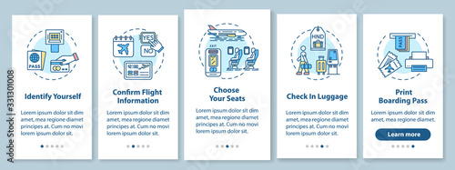 Self check in onboarding mobile app page screen with concepts. Airport self service terminal walkthrough five steps graphic instructions. UI vector template with RGB color illustrations © bsd studio