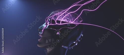 Female cyborg face with pink neon lines on foggy background, futuristic robotic art, 3d render