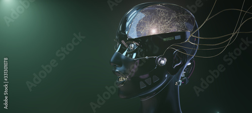 Female cyborg face, futuristic robotic art with copyspace on background, 3d render