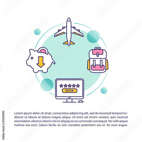 Money saving tourism concept icon with text. PPT page vector template. Online tickets booking, economy class travel. Airport brochure, magazine, booklet design element with linear illustrations