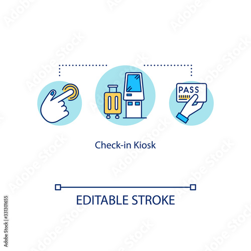 Check in kiosk concept icon. Airport self service terminal idea thin line illustration. Freestanding panel for luggage registration. luggage Vector isolated outline RGB color drawing. Editable stroke