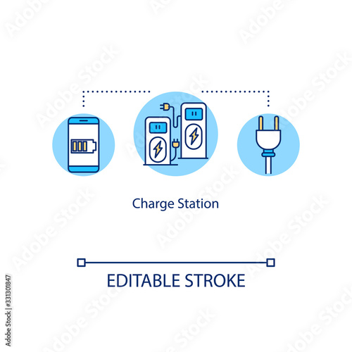 Charge station concept icon. Portable electronic equipment recharging device idea thin line illustration. Mobile phone battery charging. Vector isolated outline RGB color drawing. Editable stroke