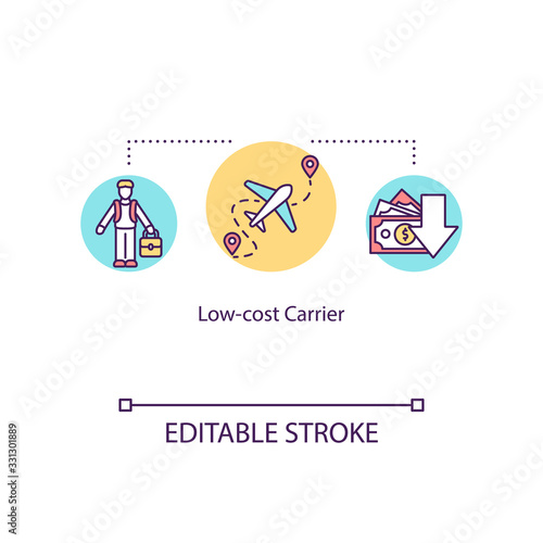Low cost carrier concept icon. Budget tourism, economy class travel idea thin line illustration. Affordable airline company service. Vector isolated outline RGB color drawing. Editable stroke