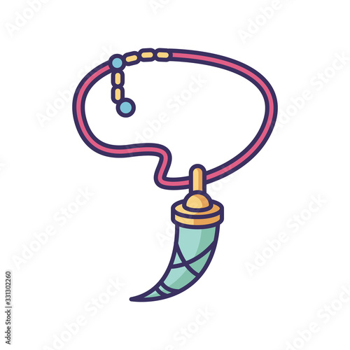 Necklace with animal tooth RGB color icon. Magic amulet in boho style. Tribal and ethnic jewelry. Pendant with canine. Prehistoric accessory. Isolated vector illustration